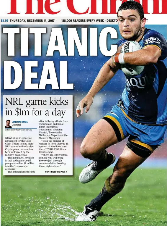  ?? PHOTO: DAVE HUNT ?? BIG DEAL: Future Gold Coast Titans NRL games in Toowoomba would see Brothers junior Ashley Taylor become a regular visitor to his former stomping ground.