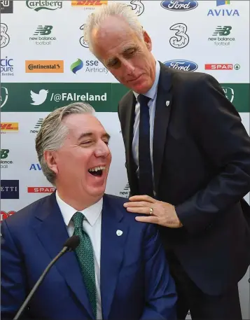  ??  ?? Newly-appointed Republic of Ireland manager Mick McCarthy (right), with John Delaney, C.E.O., Football Associatio­n of Ireland.