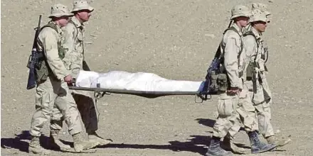  ?? REUTERS PIC ?? A US Marine honour guard carrying a shrouded Afghan soldier to be buried at Camp Rhino, southern Afghanista­n, in 2001. Nearly 16 years since invading Afghanista­n, the US has no standardis­ed process for making compensati­on payments to the families of...
