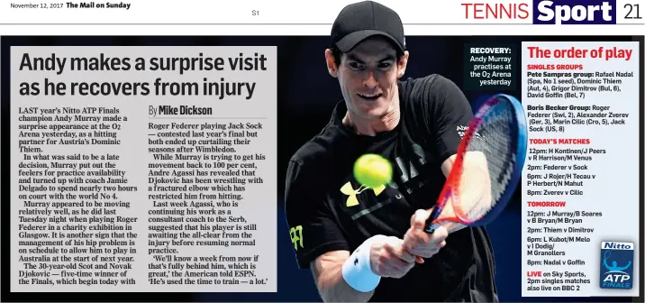  ??  ?? RECOVERY: Andy Murray practises at the O2 Arena yesterday