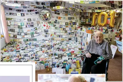  ?? Pictures: LEE MCLEAN/SWNS ?? Birthday boy...Jack surrounded by his 5,000 cards in the residents’ lounge. Left, the touched RAF veteran with the home’s Angela Holdsworth