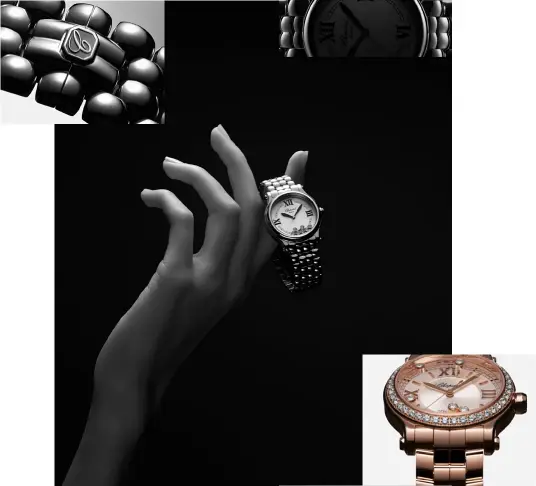  ??  ?? Relógio Happy Sport the First, em aço inoxidável e diamantes; e Relógio Happy Sport 33mm, em aço inoxidável, 18 quilates de ouro rosa ético e diamantes. Ambos Chopard.