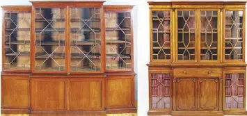  ?? STAIR GALLERIES VIA THE NEW YORK TIMES ?? Two Regency mahogany breakfront bookcases on the left sold for $9,500 in 2003, while the one on the right sold for $1,300 in 2016.