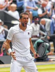  ?? Michael Steele / Getty Images ?? Marin Cilic of Croatia celebrates match point after he bounced American Sam Querrey from the semifinals in four sets Friday after losing the first set.