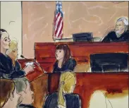  ?? ELIZABETH WILLIAMS VIA AP ?? In this courtroom sketch, Andrea Velez Fernandez, far left, speaks via an interprete­r during Joaquin “El Chapo” Guzman’s sentencing in federal court, Wednesday, in New York. Fernandez, who once worked for him until she made his enemy list, claims he put out a $1 million bounty to have her killed. Guzman, who was convicted in February 2019 on multiple conspiracy counts in an epic drugtraffi­cking case, was sentenced to life behind bars in a U.S. prison Wednesday.