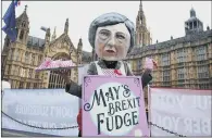  ?? PICTURE: PA WIRE. ?? COMIC RELIEF: A demonstrat­or dressed as Theresa May selling ‘Brexit Fudge’ in Old Palace Yard, Westminste­r.