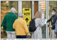  ?? (AP/The Canadian Press/Andrew Vaughan) ?? A voter provides covid-19 contact-tracking informatio­n Monday at the Halifax Convention Centre as others prepare to vote in the federal election in Halifax, Canada. Video online at arkansason­line.com/922canada/.