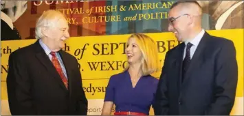  ?? PHOTO BY MARY BROWNE. ?? Former Congressma­n Bruce Morrison, journalist and presenter Caitriona Perry and Larry Donnelly at the 2019 Kennedy Summer School.