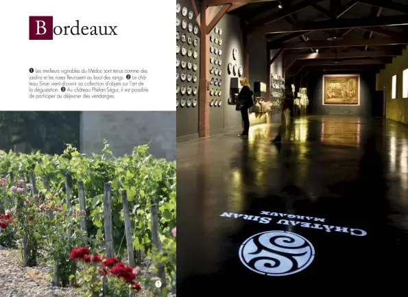  ??  ?? ➊ Les meilleurs vignobles du Médoc sont tenus comme des jardins et les roses feurissent au bout des rangs. ➋ Le château Siran vient d'ouvrir sa collection d'objets sur l'art de la dégustatio­n. ➌ Au château Phélan-Ségur, il est possible de participer au...