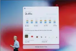  ??  ?? Craig Federighi, Apple’s senior vice president of Software Engineerin­g, speaks about screen time during an announceme­nt of new products at the Apple Worldwide Developers Conference in San Jose.