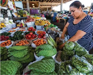  ?? Brett Coomer photos / Houston Chronicle ?? Silvia Salinas sorts produce Monday at the farmers market in the 2500 block of Airline in the northern Heights.