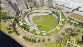  ?? OAKLAND A’S — CONTRIBUTE­D ?? The proposed A’s ballpark at Howard Terminal is shown in a rendering supplied by the Oakland A’s.