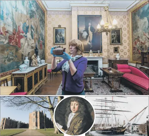  ?? MAIN PICTURE: JAMES HARDISTY. ?? TAKING A LEAF: Assistant community curator Helen Pratt in with a Wedgewood Rosso Antico teapot in the Terrace Room at Temple Newsam House, above left, where a list suggests tea was drunk at in 1644 – 16 years earlier than diarist Samuel Pepys, inset,...