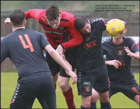  ??  ?? Danny Boyle rises highest in the box to head Rob Roy level, before Lee Gallagher celebrates winner (below)