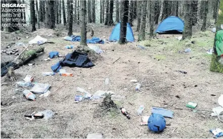  ??  ?? DISGRACE Abandoned tents and litter left near Loch Lomond