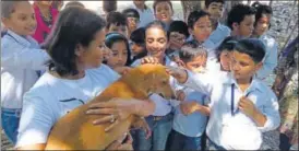  ?? DEEPAK GUPTA/ HT PHOTO ?? Actress Jaya Bhattachar­ya and students at an animal farm in Gomti Nagar.