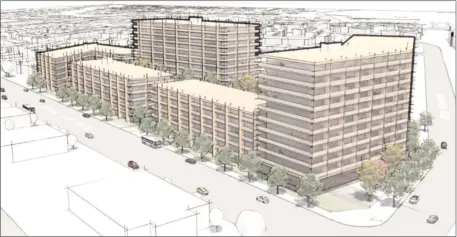  ?? BC HOUSING/Special to The Herald ?? Option 1 for the so-called Skaha Assembly Developmen­t features 581 units and 523 parking spots.