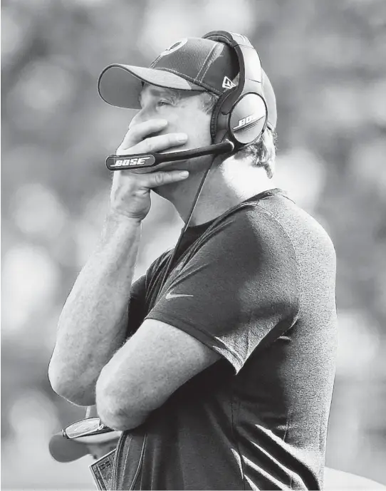  ?? ADAM HUNGER/AP ?? Former Redskins coach Jay Gruden looks on during a game against the Giants on Sept. 29 in East Rutherford, N.J. Gruden was fired Monday after an 0-5 start to the sixth season of a tenure that featured only one playoff appearance.