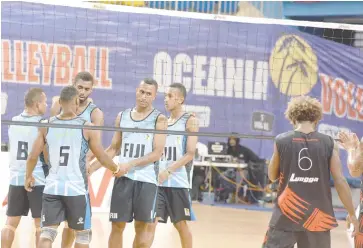  ??  ?? Fiji Blues celebrates after beating Solomon Islands- B in the 2016 Oceania Volleyball Championsh­ip at the Vodafone Arena last night. Photo: Paulini Ratulailai.