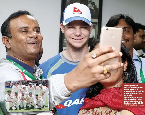  ?? PICTURES: Getty Images ?? In the picture: Australian captain Steve Smith is stopped for a selfie when the tourists arrive in Bangladesh. Inset: The Aussies celebrate winning the Test series in 2006