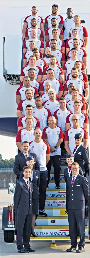  ??  ?? Trip of a lifetime: The England squad pose before flying to Japan yesterday