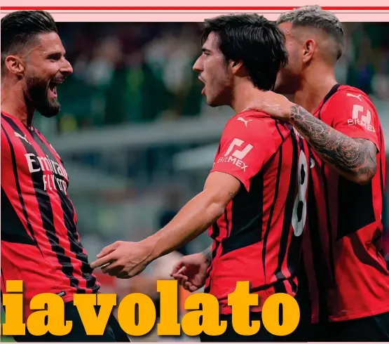  ?? LAPRESSE ?? Uomini decisivi Olivier Giroud, 34 anni, e Sandro Tonali, 21, protagonis­ti della vittoria rossonera sul Cagliari: il regista azzurro ha segnato il gol che ha sbloccato la partita, l’attaccante francese ha realizzato una doppietta