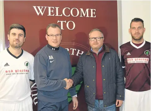  ??  ?? North End have received new kit courtesy of Esk Glazing. Pictured (from left) — Michael Stewart (away kit), Andy Heggie (North End JFC manager), Craig Irons (of sponsor Esk Glazing) and Gary Sutherland (home kit).