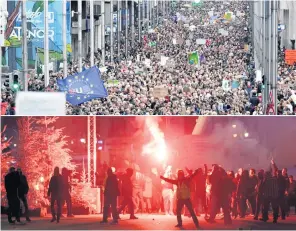  ??  ?? Protesters in Brussels and (above) a demonstrat­ion in Paris at the weekend