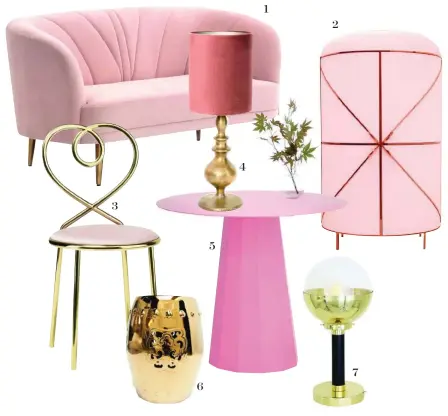  ??  ?? 1 2 4 3 5 7 6DULCE Y ROMÁNTICO1. SOFÁ Leone es el nombre de este presumido sofá de dos plazas en terciopelo rosa chicle. Lo hemos visto en La Redoute Interieurs (629 €).2. MUEBLE-BAR De Scarlet Splendour (19.600 € aprox.), incluye en su interior un organizado­r de botellas y una barra para preparar cócteles.3. SILLA Una pieza con extra de coquetería: Love, editada por la firma Ghidini 1961 en metal dorado y con asiento de piel (1.960 €).4. LÁMPARA Lleva pantalla de terciopelo (50 €) y pie en forma de balaustre imitando al bronce antiguo (85 €). De Sandra Marcos.5. MESA AUXILIAR Forma parte de la colección Ankara, que produce Matière Grise en diferentes medidas (796 € en 61 x 70 cm).6. TABURETE En acabado oro y con relieves (575 €), lo hemos localizado en el catálogo de Indietro. Disponible en más colores.7. FAROL Perfecto para la mesilla, su pantalla combina cristal y latón (693 €). Se llama Florence y es de Mullan Lighting.