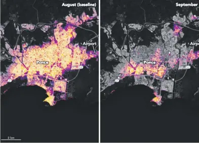  ?? Suministra­da ?? Imagen satelital de luces nocturnas en Ponce antes y en los días posteriore­s al impacto del huracán Fiona.