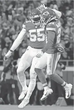  ?? AP ?? Chiefs defensive end Frank Clark (55) celebrates with cornerback Trent McDuffie after sacking Bengals quarterbac­k Joe Burrow in the AFC title game Jan. 29.