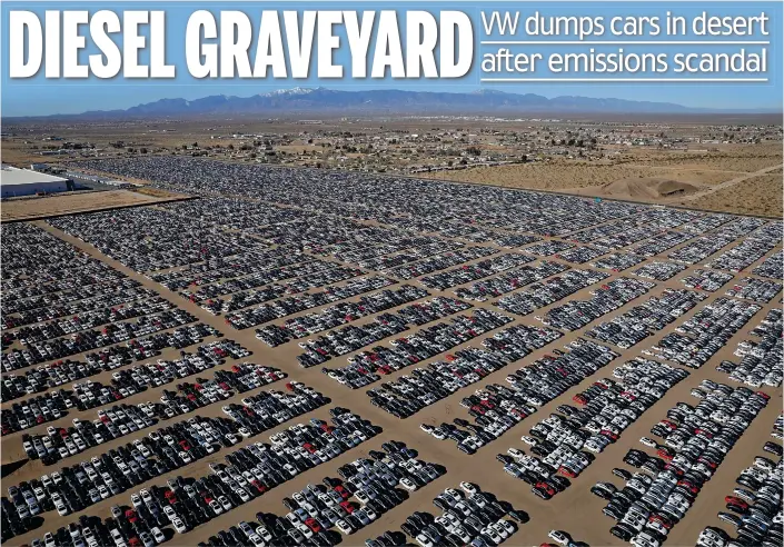  ??  ?? Deserted diesels: Thousands of VWs and Audis are parked in neat rows in California – one of just 37 storage facilities in the US holding 300,000 vehicles