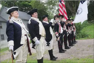  ?? Photos by Ernest A. Brown/The Call ?? Top photo, members of the Artillery Company of Newport 1741 salute the birthday of Major General Nathanael Greene with cannon fire during ceremonies at the Nathanael Greene Homestead in Coventry Saturday. Above, the Varnum Continenta­ls, under the...