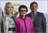  ?? THE ASSOCIATED PRESS ?? From left, Emma Stone, from left, tennis great Billie Jean King and Steve Carell arrive at the Los Angeles premiere of “Battle of the Sexes” Saturday in Los Angeles. Stone portrays King in the film.