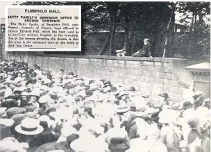  ??  ?? The opening of Gatty Park in June 1920 and (inset) a newspaper clipping from 1919 relating to the opening up of Elmfield Hall