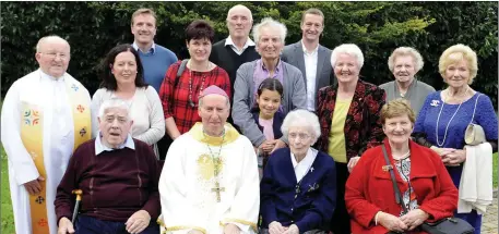  ??  ?? Sr Rita Clare with Bishop Denis Brennan, Fr Cushen and members of Sr Rita’s family at her 100th birthday celebratio­ns.