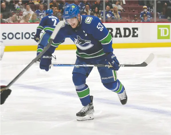  ?? JEFF VINNICK/NHLI VIA GETTY IMAGES ?? Canucks captain Bo Horvat winces while skating to the bench after getting hit in the ankle with the puck during a game against the Coyotes at Rogers Arena on April 14 in Vancouver. Horvat thought it might be a stinger but discovered it was a break in his tibia.