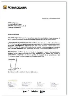  ??  ?? La carta. Misiva que el club envió al Consell Català de l’esport planteándo­le que el “aval no es aplicable” a la nueva junta
