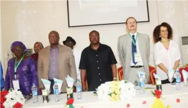  ??  ?? The Vice Chancellor UniAbuja, Prof Micheal Adikwu (middle) and other dignitarie­s at the Diaspora Conference in Abuja recently