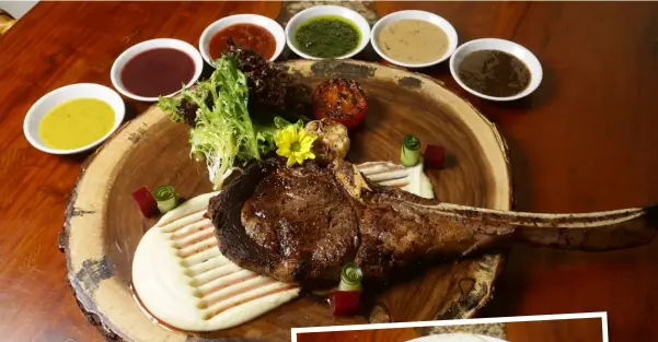  ??  ?? Meaty munchies From above: Tomahawk Steak with six sauces; Wake Me Up All Day