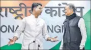  ?? PTI ?? Rajasthan Cm-elect Ashok Gehlot (right) and his deputy Sachin Pilot at Congress headquarte­rs in New Delhi on Friday.