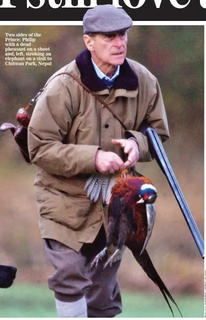  ??  ?? Two sides of the Prince: Philip with a dead pheasant on a shoot and, left, stroking an elephant on a visit to Chitwan Park, Nepal