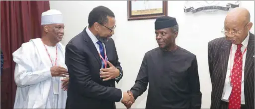  ??  ?? R-L: Chairman MTN Nigeria, Dr. Pascal Dozie, Acting President Yemi Osinbajo, Group Chairman MTN, Mr. Phutuma Nhleko and MTN board of director, (rtd) Col Sani Bello at the Presidenti­al Villa when the MTN team paid courtesy call