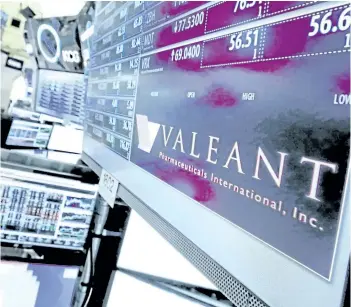  ?? THE ASSOCIATED PRESS FILES ?? Valeant Pharmaceut­icals saw its stock drop Tuesday to its lowest level in seven years after the Quebec-based drug giant slashed its outlook for the year and reported disappoint­ing first-quarter results.