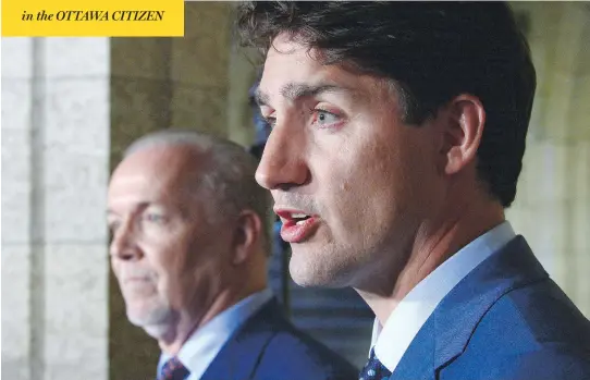  ?? SEAN KILPATRICK / THE CANADIAN PRESS ?? Prime Minister Justin Trudeau and B.C. Premier John Horgan meet the press Tuesday following their meeting, which touched on the wildfires and the opioid epidemic.
