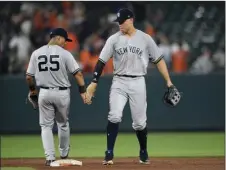  ??  ?? New York Yankees’ Gleyber Torres (left) and Aaron Judge celebrate after a baseball game against the Baltimore Orioles on Friday in Baltimore. The Yankees won 4-1. AP PHOTO/NICK WASS