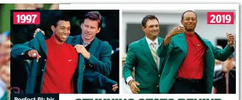  ??  ?? Perfect fit: his first green jacket from Nick Faldo and latest from Patrick Reed
