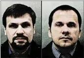  ?? METROPOLIT­AN POLICE SERVICE/GETTY-AFP ?? Ruslan Boshirov, left, and Alexander Petrov are wanted by British police in connection with the nerve agent attacks.