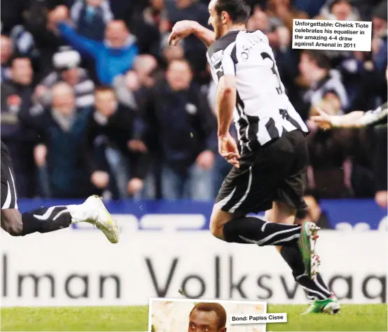  ??  ?? Unforgetta­ble: Cheick Tiote celebrates his equaliser in the amazing 4-4 draw against Arsenal in 2011