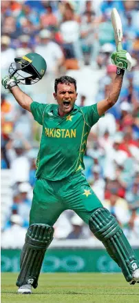  ?? AP ?? Pakistan batsman Fakhar Zaman celebrates scoring a century in the final against India in the Champions Trophy. —